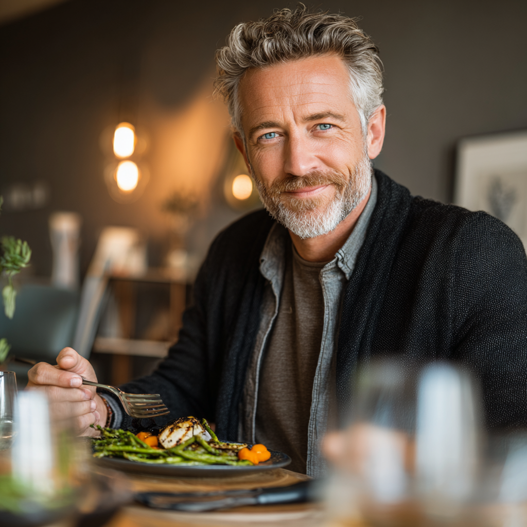 Confident man in his early 50s with grey temples and friendly expression, sitting at dining table with healthy Mediterranean meal, holding fork with grilled vegetables, modern minimalist dining room with soft ambient lighting