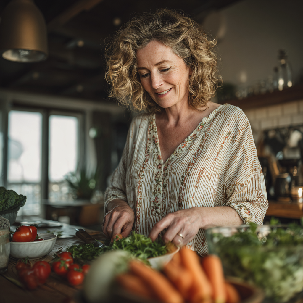 Middle-aged woman in modern kitchen preparing fresh salad